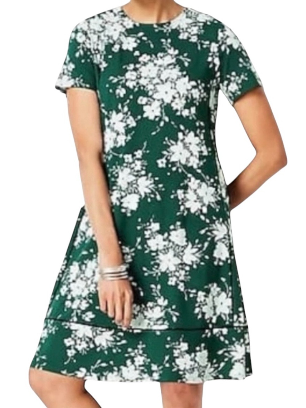 J Jill Wearever Perfect TShirt Short Sleeve Dress Petite XS Floral Green White